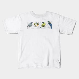 Mr Kokako, Mr Tui, Mr Sylvereye, Mr bellbird on a branch Kids T-Shirt